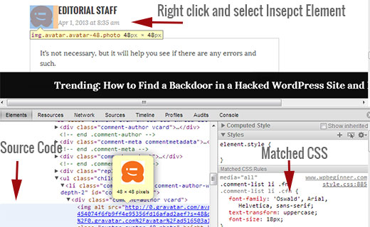 Inspect element in Google Chrome to look at source code and quickly find matching CSS rules Inspect element in Google Chrome to look at source code and quickly find matching CSS rules