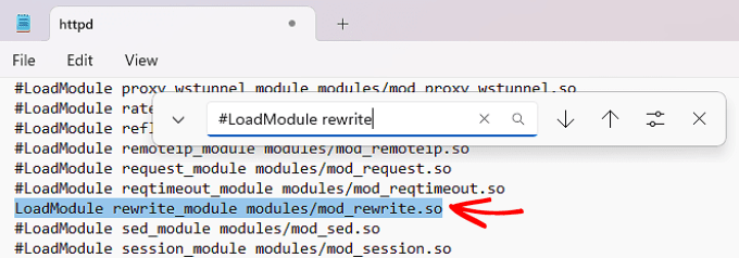 The Apache (httpd.conf) menu on XAMPP Finding the rewrite_module on httpd.conf file