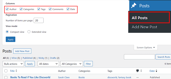 Screen Options for posts Screen Options for posts