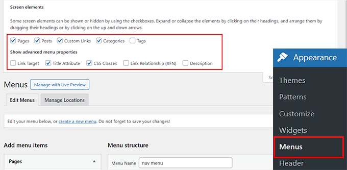 Screen Options on the Menu page Screen Options on the Menu page