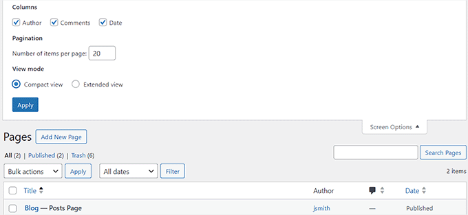 Screen Options for pages Screen Options for pages