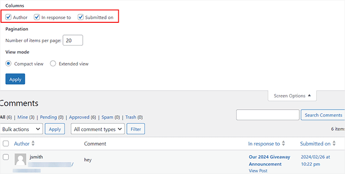 Screen options for the comments page Screen options for the comments page