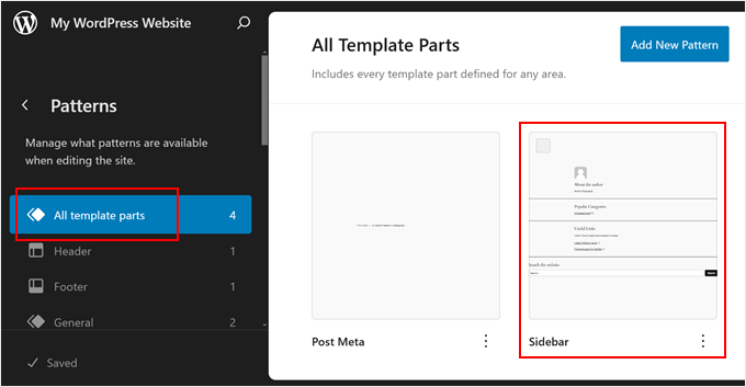 Opening the Sidebar template part in FSE Opening the Sidebar template part in FSE