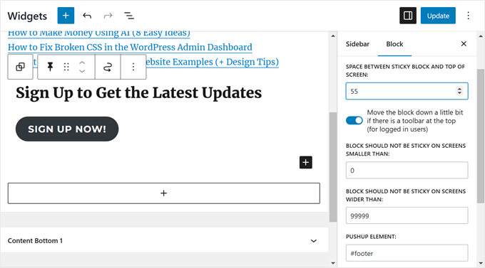 Editing the Sticky Block settings Editing the Sticky Block settings