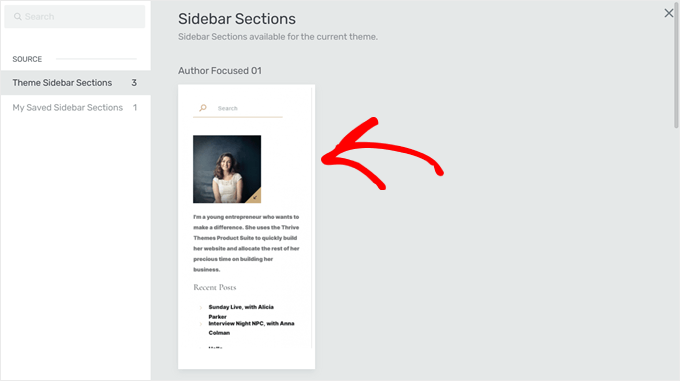 Choosing a sidebar template in Thrive Architect Choosing a sidebar template in Thrive Architect