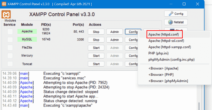 The Apache (httpd.conf) menu on XAMPP The Apache (httpd.conf) menu on XAMPP