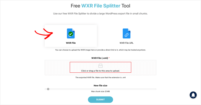 Upload the XML File to the Free WXR File Splitter Tool Upload the XML File to the Free WXR File Splitter Tool