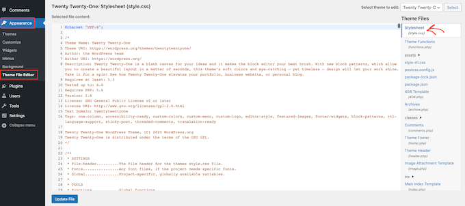 The WordPress theme editor The WordPress theme editor