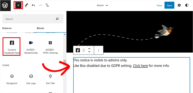 Adăugați blocul Flux Facebook personalizat în editorul complet al site-ului