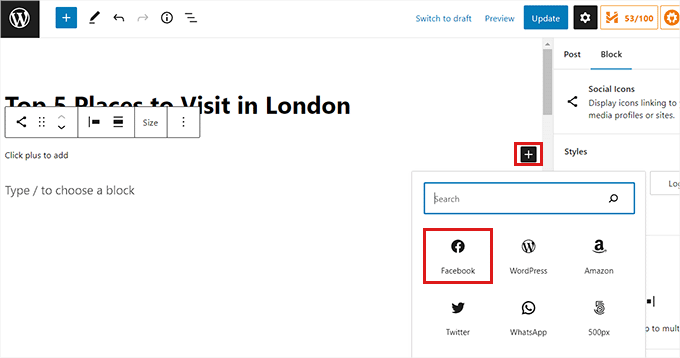 Adăugați pictograma Facebook în editorul de blocuri