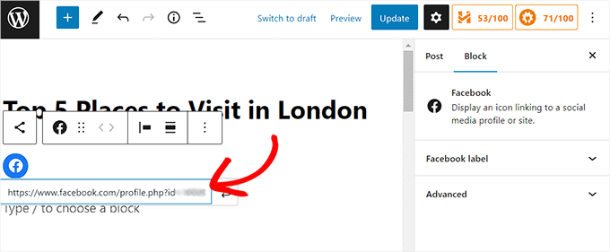 Adăugați linkul paginii Facebook în câmpul Introduceți adresa