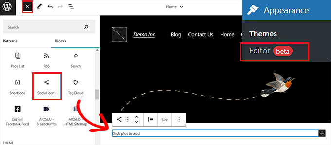 Adăugați blocul Pictograme sociale în editorul complet al site-ului