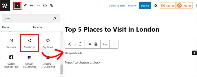 Adăugați blocul Pictograme sociale la o postare