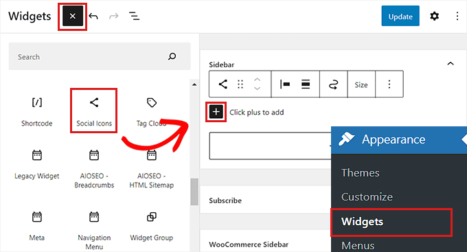 Adăugați blocul Pictograme sociale în secțiunea Widgeturi