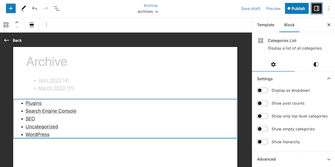 A list of categories and subcategories on a custom archives page A list of categories and subcategories on a custom archives page