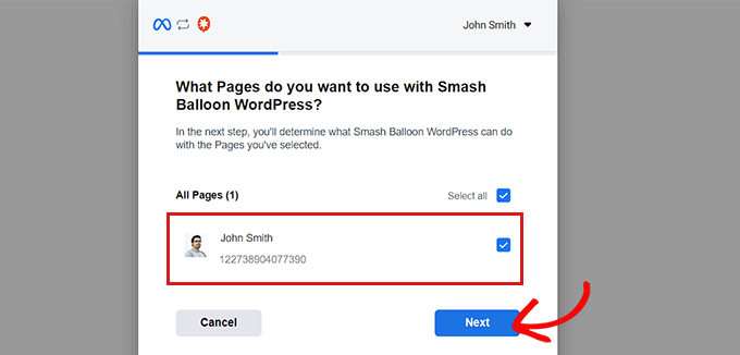 Alegeți o pagină Facebook și faceți clic pe butonul Următorul
