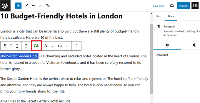 Click the TA icon in the block toolbar after selecting anchor text for the affiliate link Click the TA icon in the block toolbar after selecting anchor text for the affiliate link
