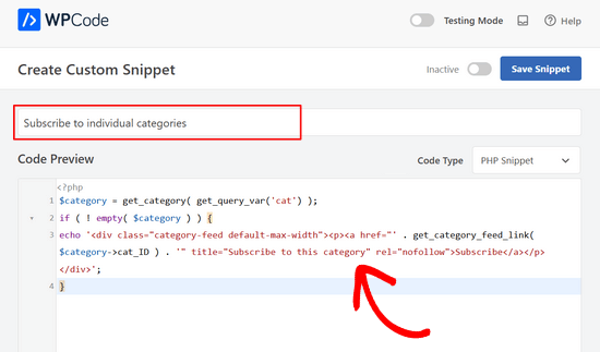 Aggiungere codice a WPCode per consentire agli utenti di iscriversi alle categorie
