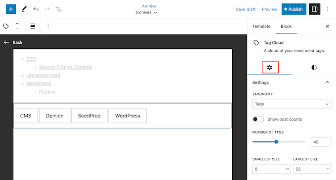 Changing the tag cloud settings Changing the tag cloud settings