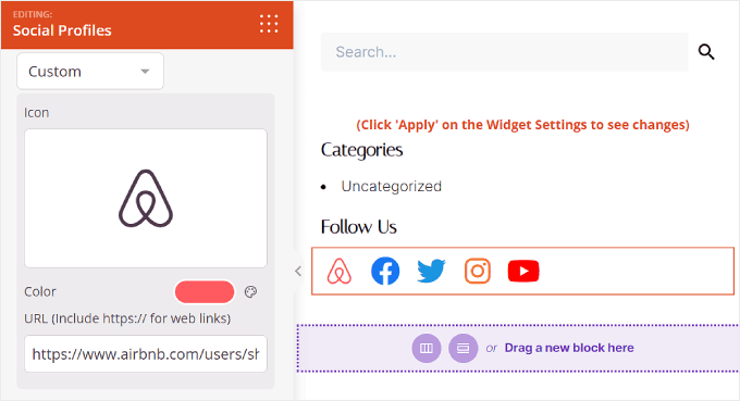 Configuration du design de l'icône Airbnb sur le bloc Profils sociaux dans SeedProd