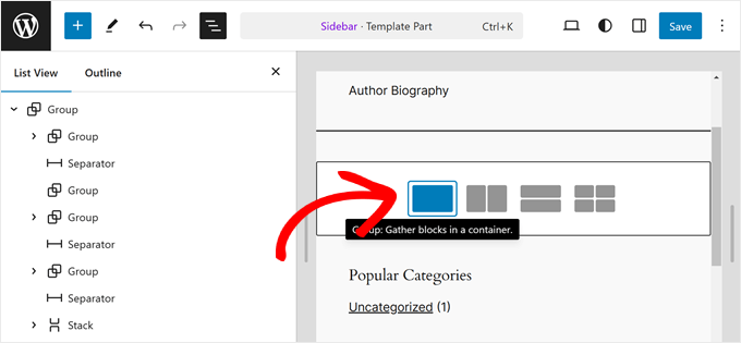 Choix d'une mise en page de bloc Groupe dans FSE