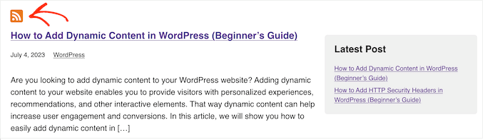 Un ejemplo de un ícono RSS, en una página de etiquetas de WordPress
