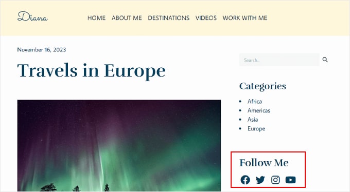 Exemple de l'apparence des icônes de médias sociaux dans la barre latérale si elles sont créées avec SeedProd