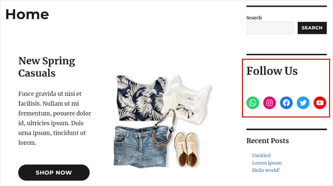 Exemple de l'apparence du widget Icônes sociales sur le site web