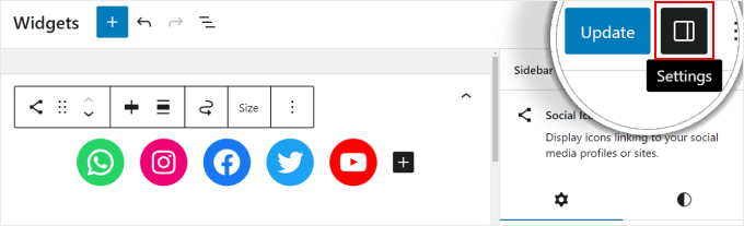 Sélection de l'icône Paramètres sur la page Widgets