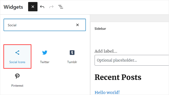 Choix du bloc Icônes sociales dans les paramètres des Widgets WordPress