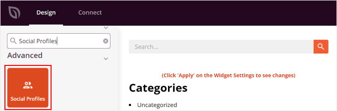 Sélection du bloc Profils sociaux sur SeedProd
