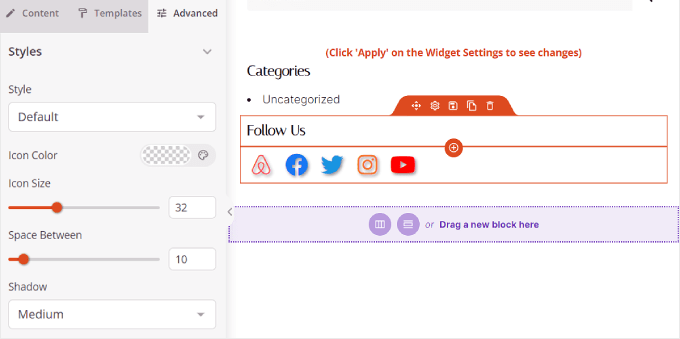 L'onglet Styles dans les paramètres du bloc Profils sociaux dans SeedProd