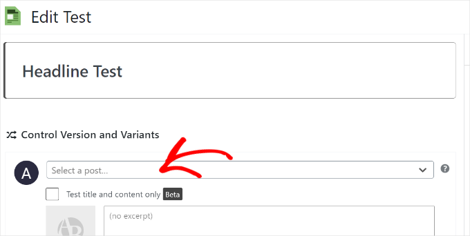 Enter test title and select post Enter test title and select post