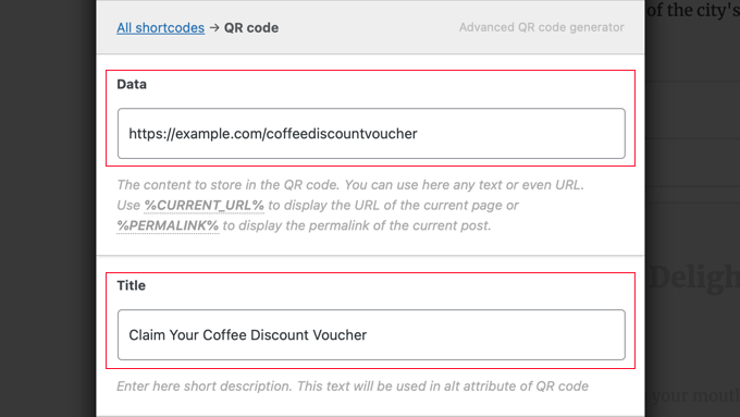 Enter QR Code Details Enter QR Code Details
