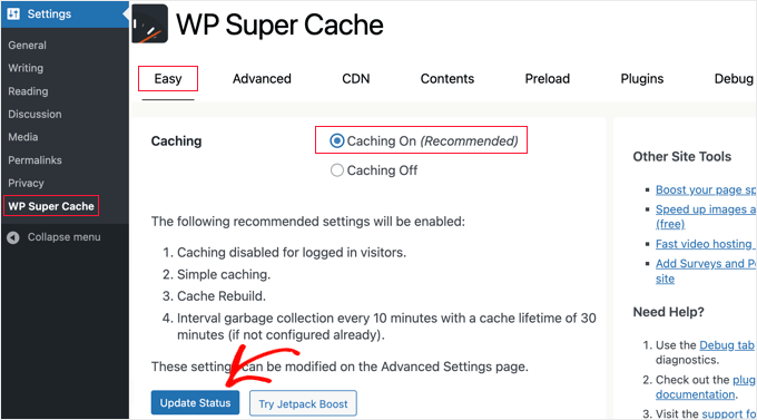Habilitar el almacenamiento en caché en WP Super Cache Habilitar el almacenamiento en caché en WP Super Cache