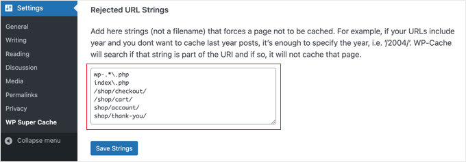 Agregar URLs de páginas en WP Super Cache para eliminar del almacenamiento en caché Agregar URLs de páginas en WP Super Cache para eliminar del almacenamiento en caché