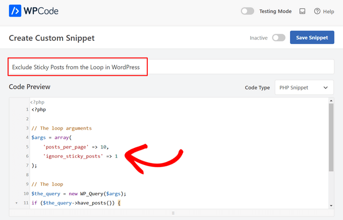 Paste the code to exclude sticky posts from the loop in WordPress
