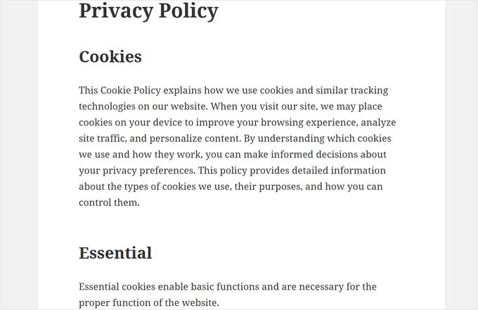 Example of cookies policy page Example of cookies policy page