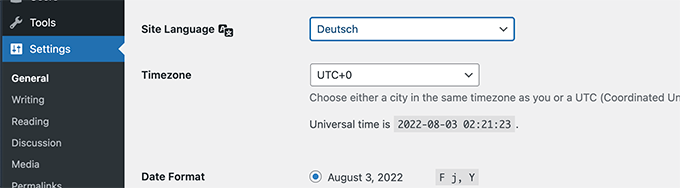 WordPress site language WordPress site language