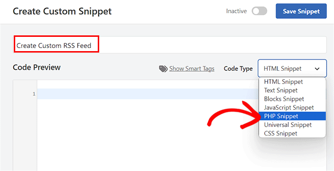 Choose the PHP Snippet option to create a custom RSS feed Choose the PHP Snippet option to create a custom RSS feed