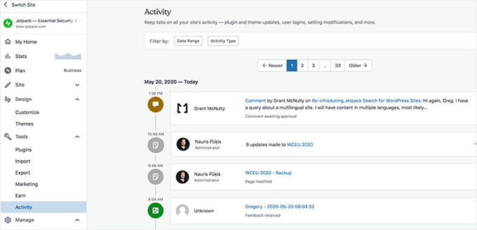 Jetpack activity log