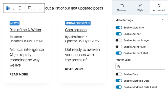 Kadence Posts Block Settings Kadence Posts Block Settings