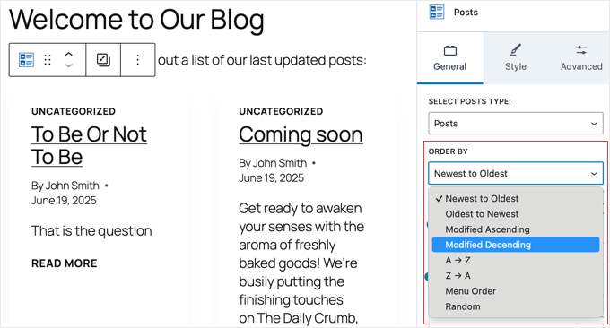 Configuring the Kadence Posts Block to Order by Modified Date Configuring the Kadence Posts Block to Order by Modified Date