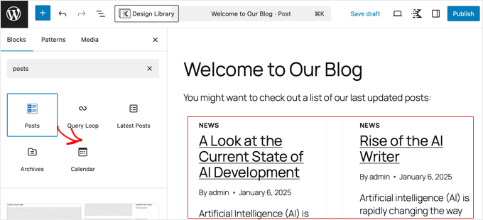 Adding the Kadence Posts Block in the WordPress Editor Adding the Kadence Posts Block in the WordPress Editor