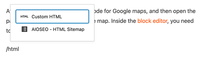 Select Custom HTML block in WordPress Select Custom HTML block in WordPress