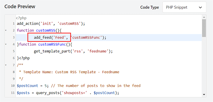 Type custom feed name in the code Type custom feed name in the code