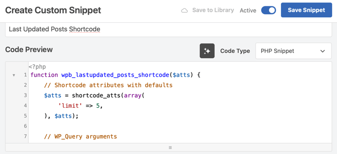 Activating and Saving the Snippet in WPCode Activating and Saving the Snippet in WPCode