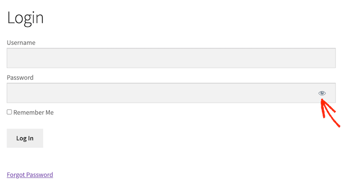 Câmpul afișare/ascundere parolă pe un site web de membri