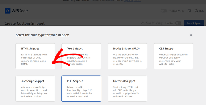 Select HTML Snippet as the code type Select HTML Snippet as the code type