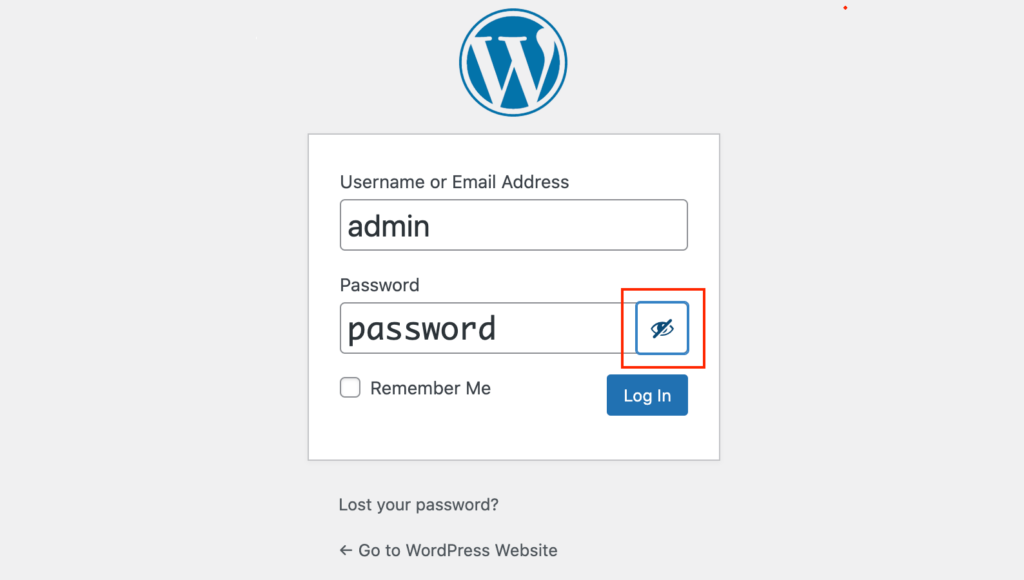 Câmpul de afișare/ascundere a parolei pe o pagină de conectare WordPress